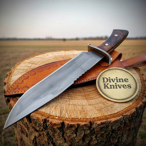 Acid Washed Damascus Knife with Wood Handle – Handcrafted Skinner with Leather Sheath by Divine Knives