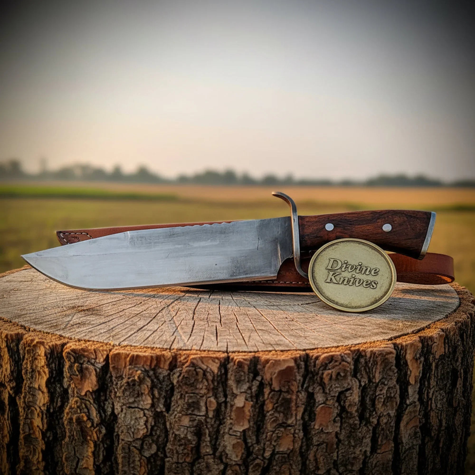 Acid Washed Damascus Knife with Wood Handle – Handcrafted Skinner with Leather Sheath detail view by Divine Knives