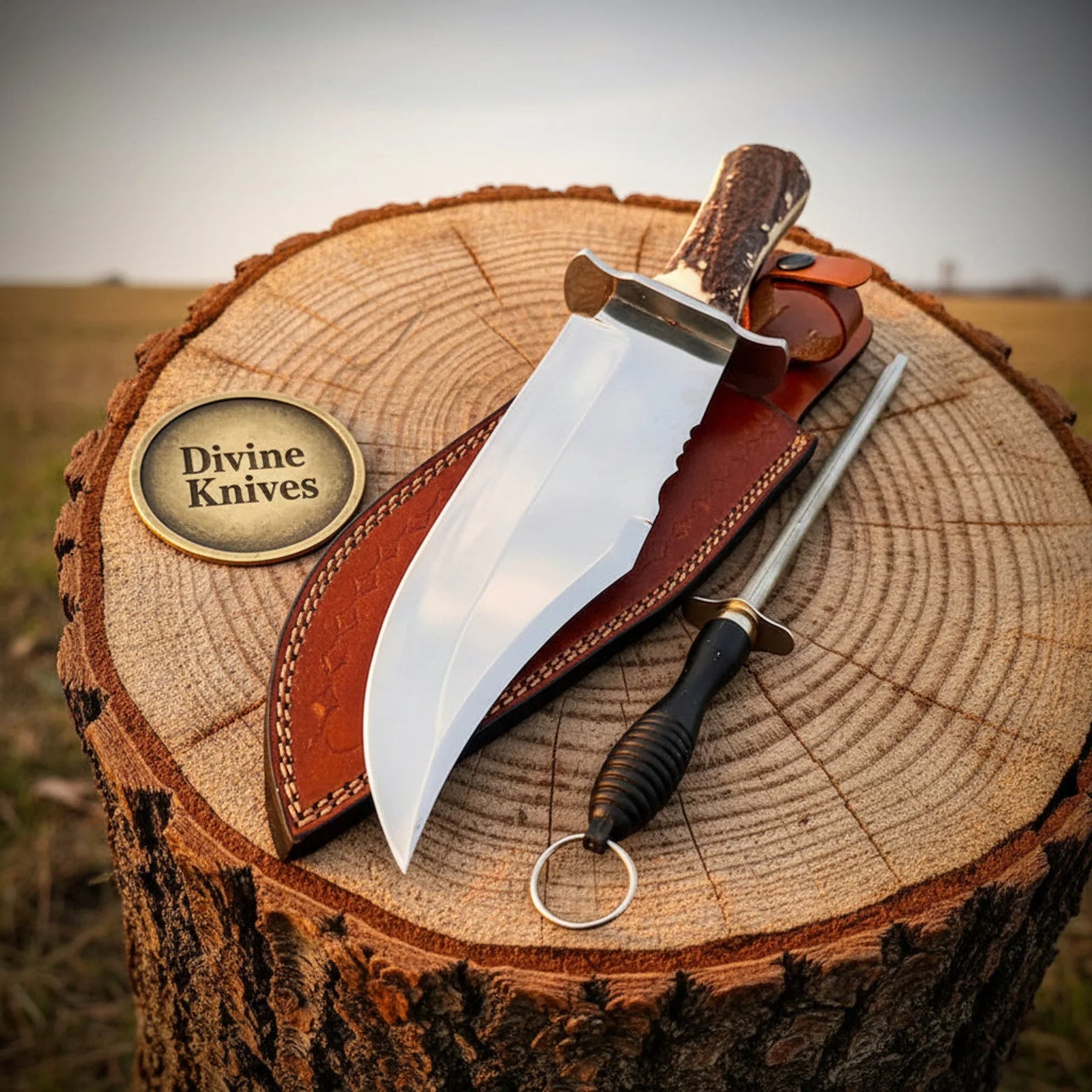 Stag Handle Damascus Knife with Green Stacked Handle – Handcrafted Bowie with Leather Sheath by Divine Knives