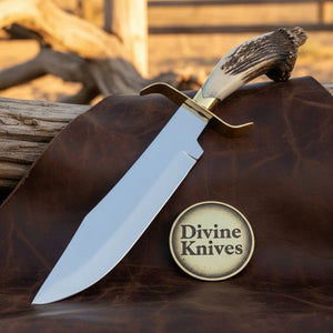 Stag Handle Hunting Knife with Drop Point Blade – Handcrafted Skinner with Crossdraw Sheath by Divine Knives
