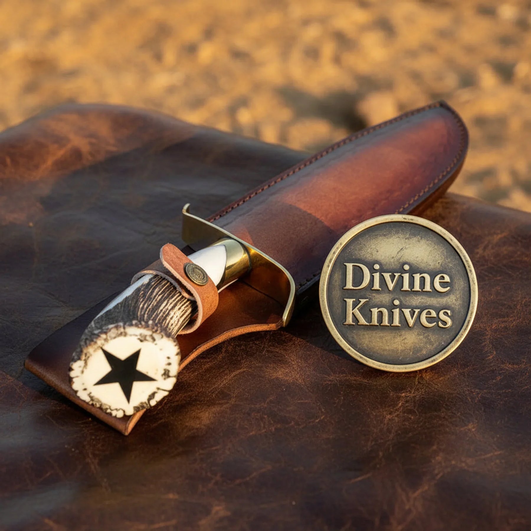 Stag Handle Hunting Knife with Drop Point Blade – Handcrafted Skinner with Crossdraw Sheath detail view by Divine Knives