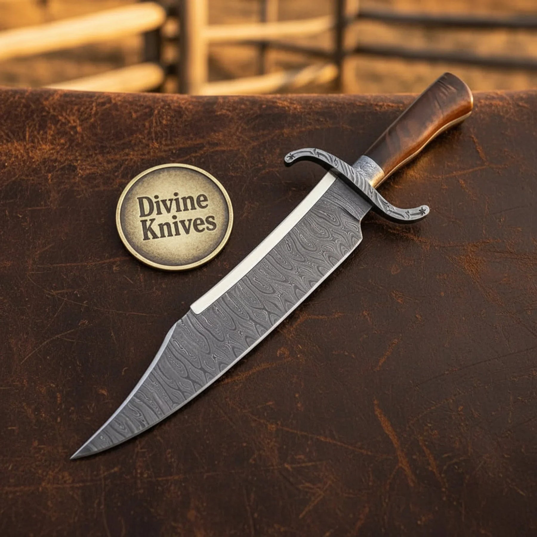 Handcrafted Bowie knife with sawback spine, wood handle, and leather sheath