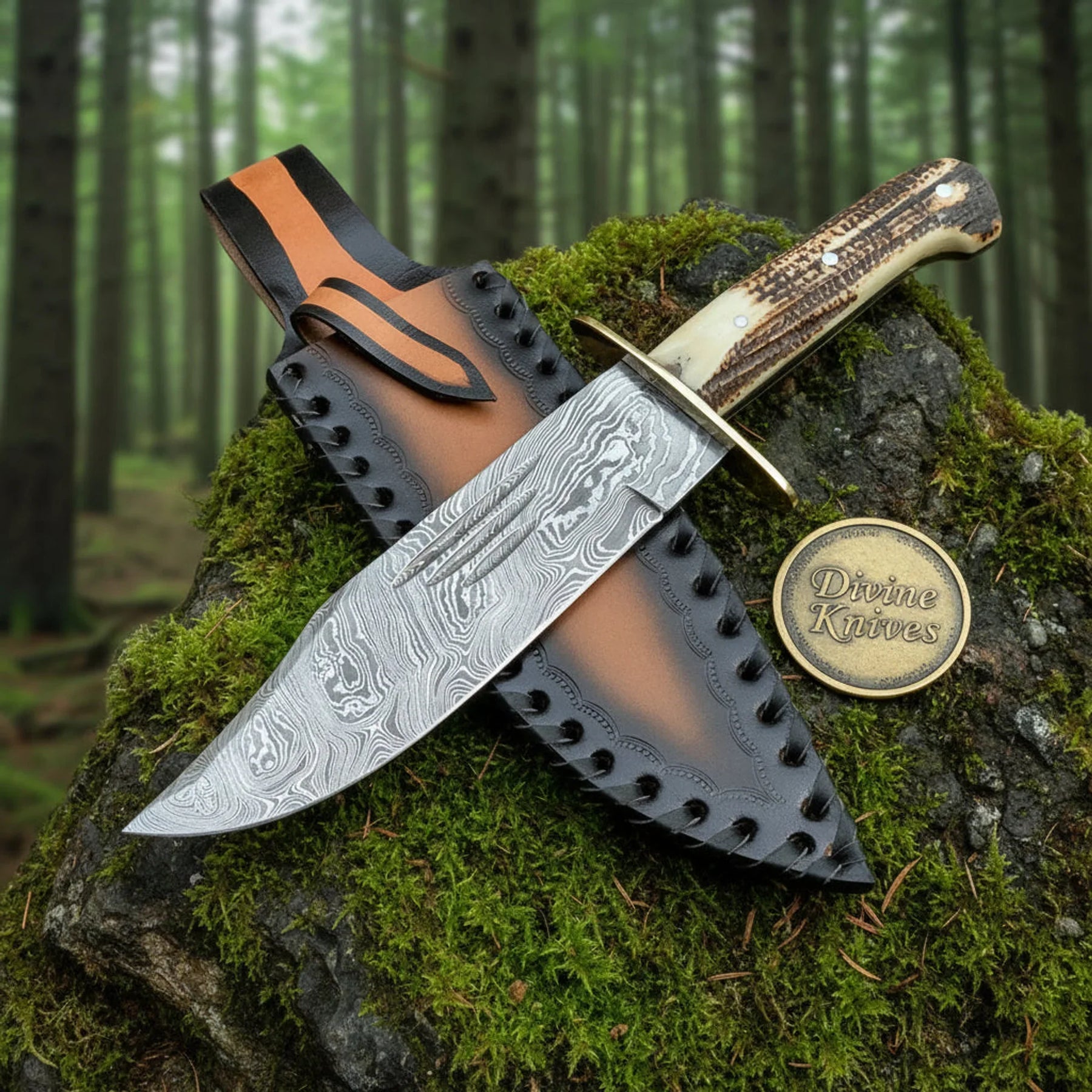 Stacked Leather Damascus Bowie Knife with Brass Fittings & Sheath – Handcrafted Frontier Collector's Knife by Divine Knives