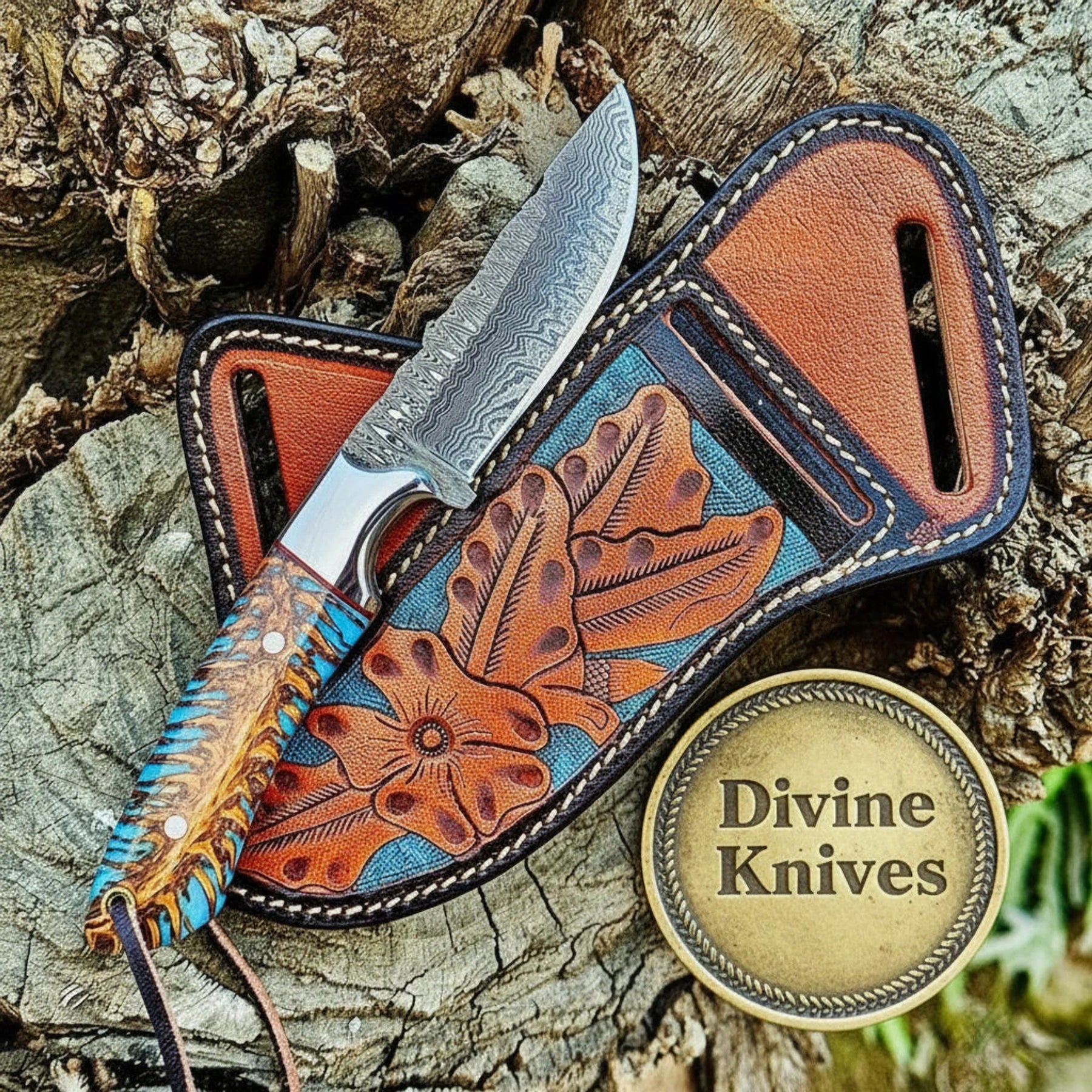 Bone Handle Damascus Cowboy Bull Cutter Knife by Divine Knives
