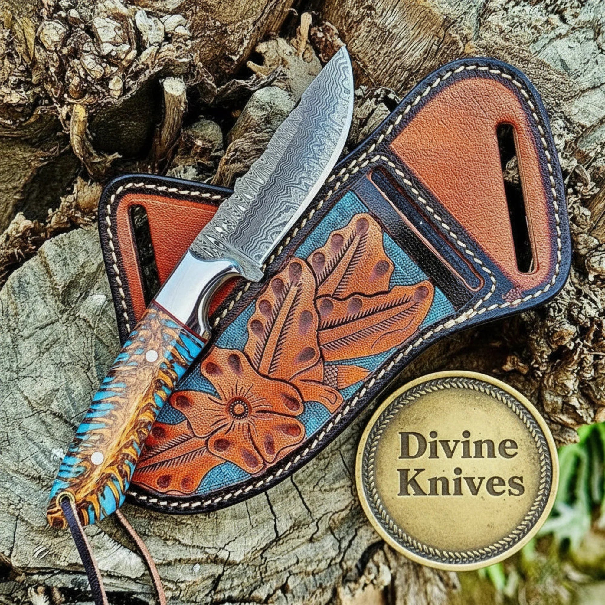 Bone Handle Damascus Cowboy Bull Cutter Knife by Divine Knives