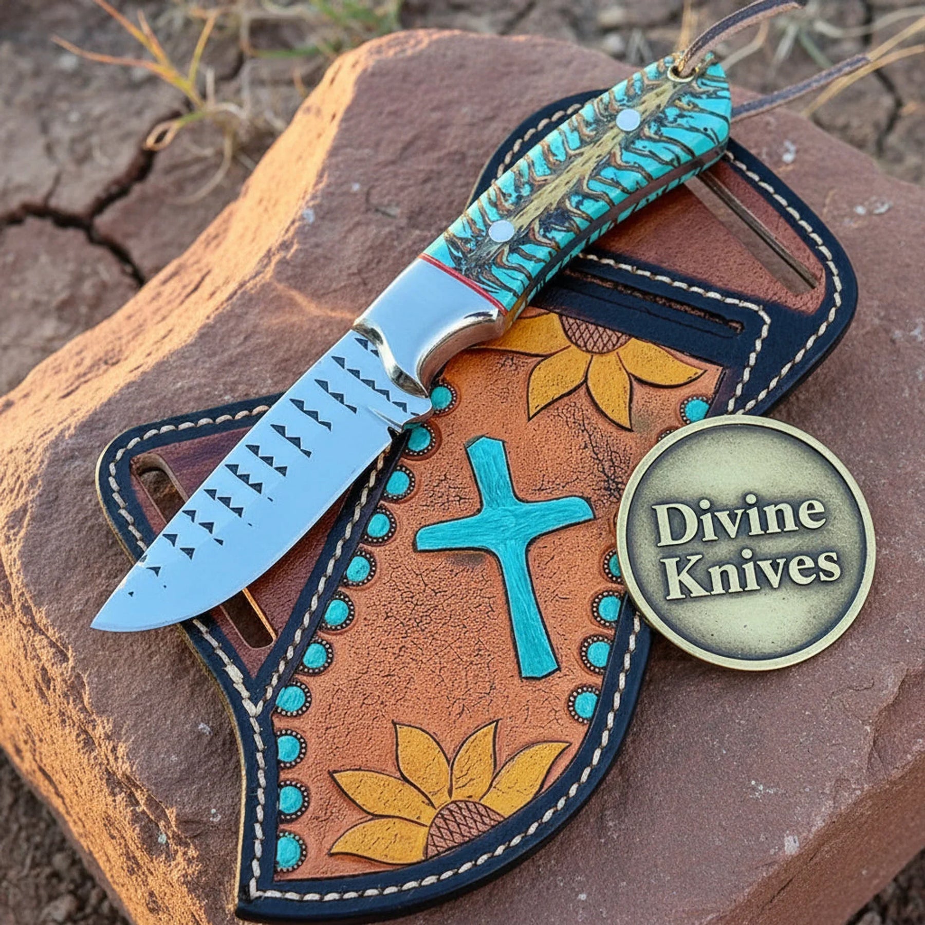 Rasp Steel Cowboy Knife with Olive and Turquoise Floral Sheath detail view by Divine Knives