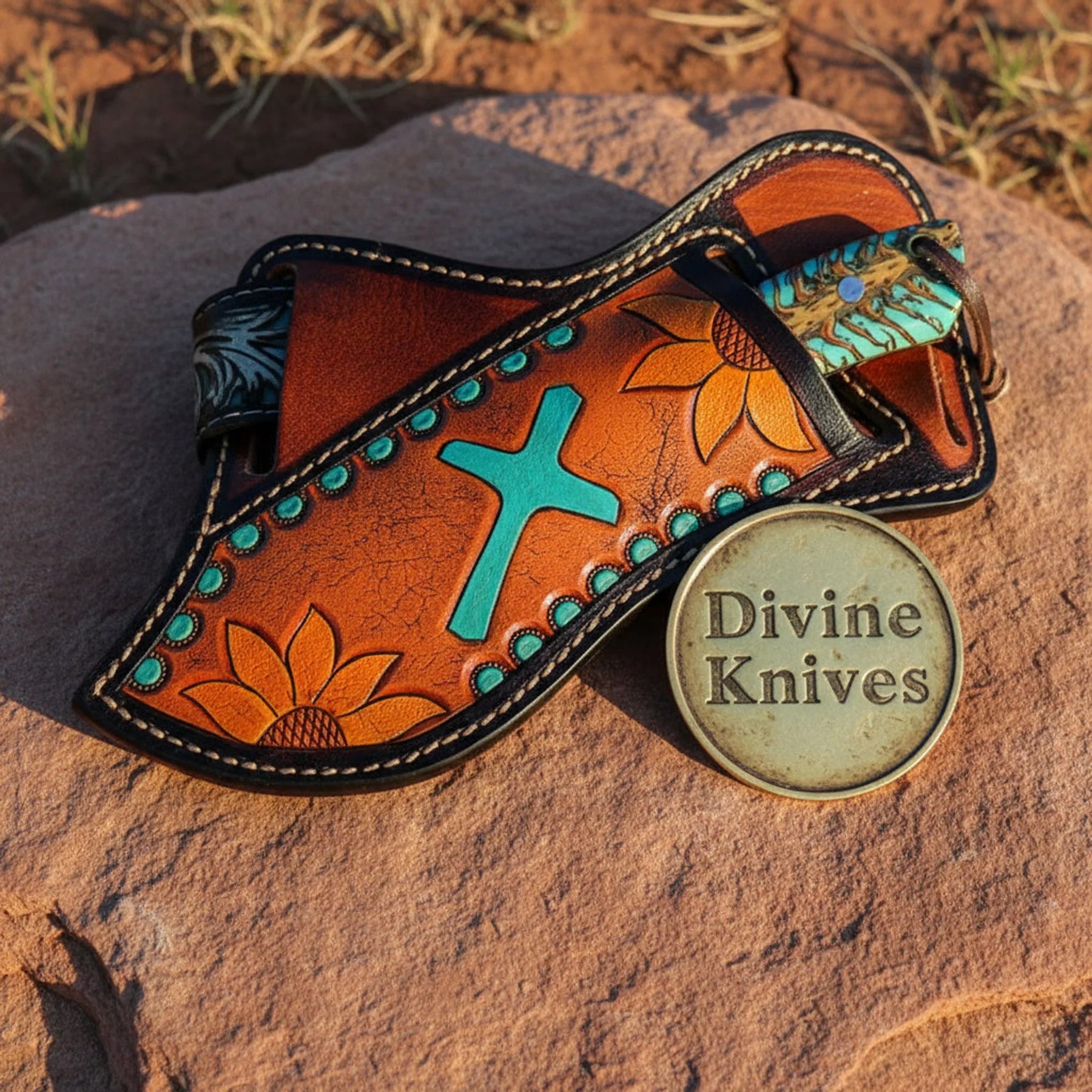 Rasp Steel Cowboy Knife with Olive and Turquoise Floral Sheath by Divine Knives