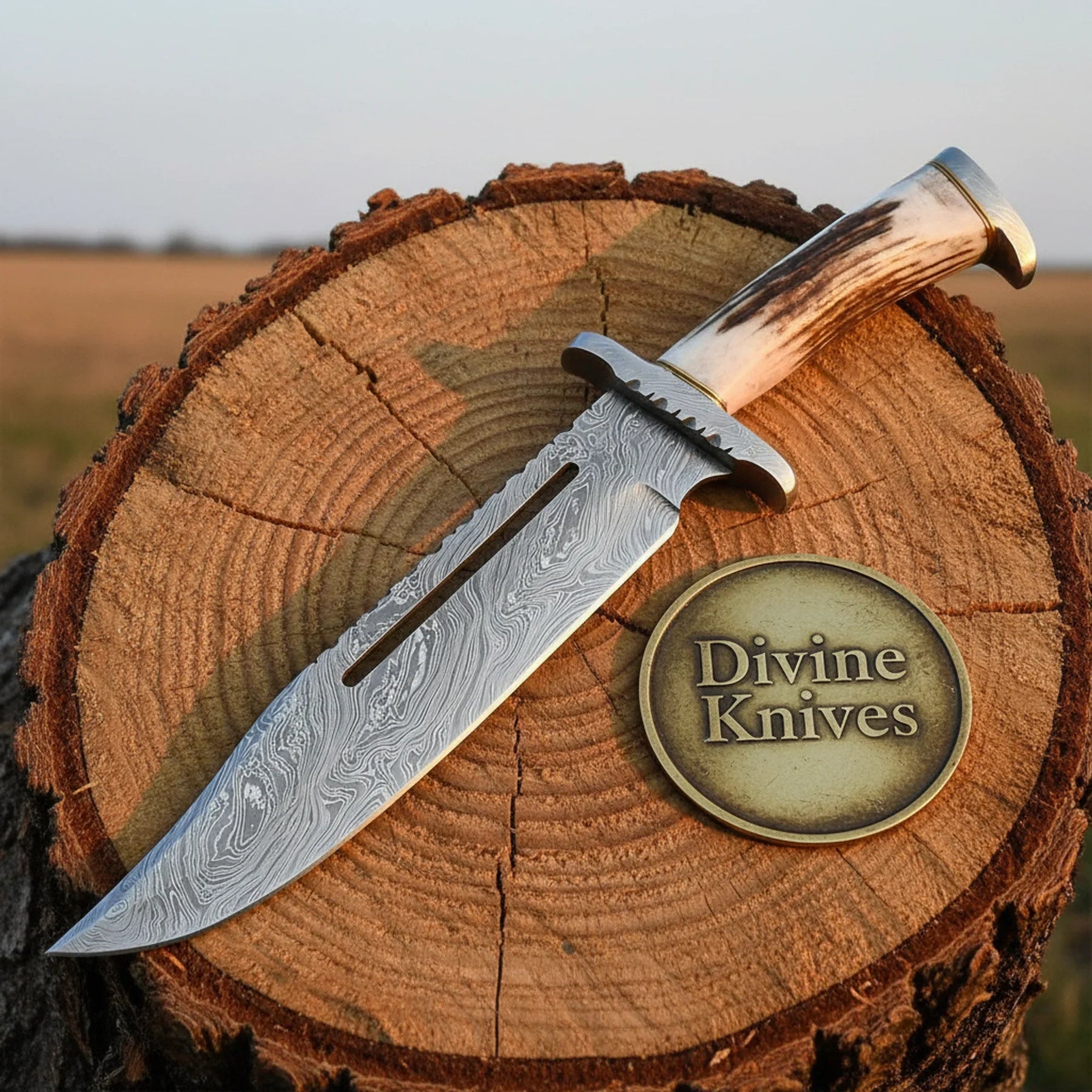 Stag Handle Damascus Bowie Knife with Laced Leather Sheath by Divine Knives