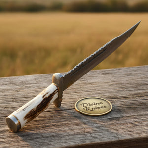 Stag Handle Damascus Bowie Knife with Laced Leather Sheath detail view by Divine Knives