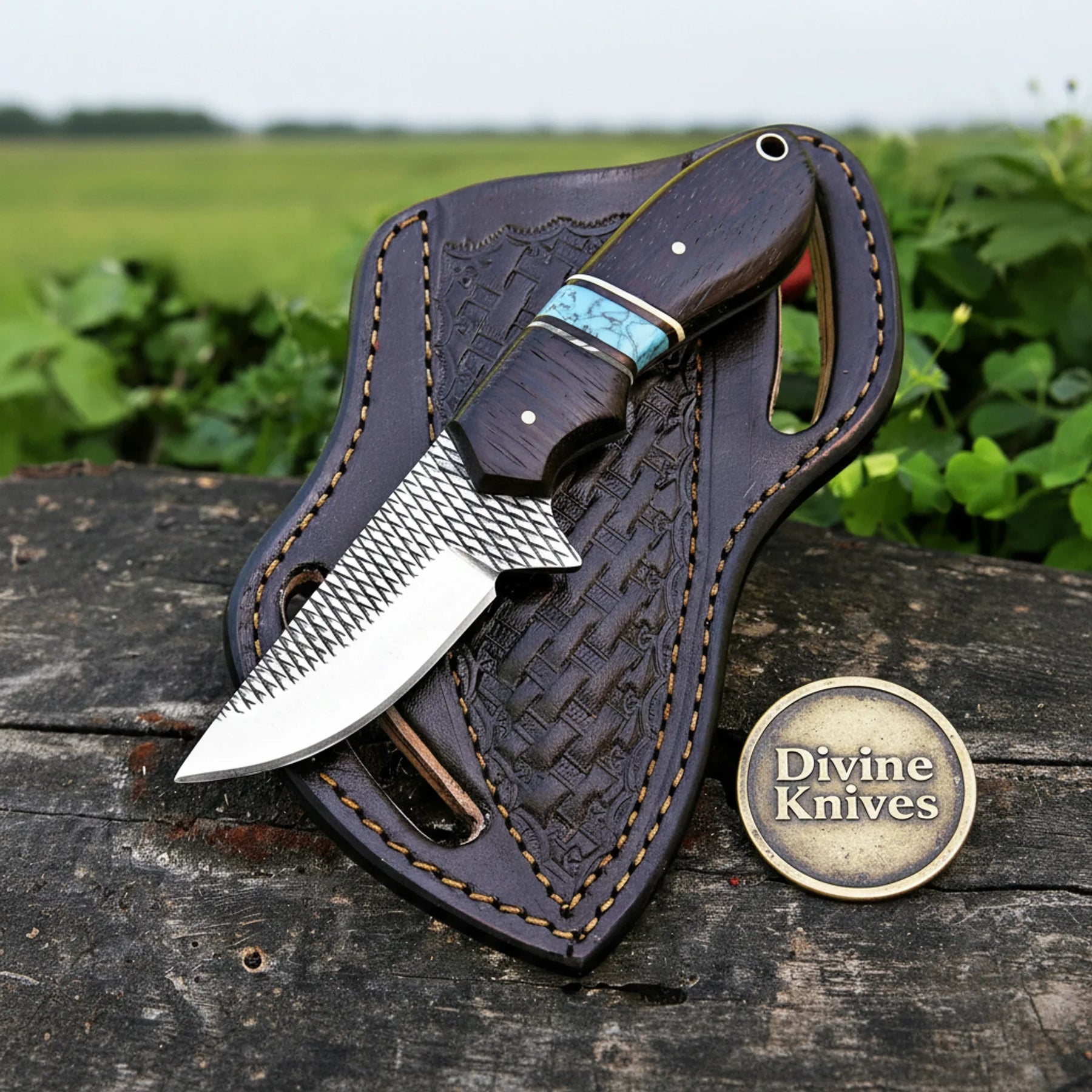 High-Polished Clip-Point Bowie Knife with Wood Handle & Lanyard – Handcrafted Outdoor Field Knife by Divine Knives