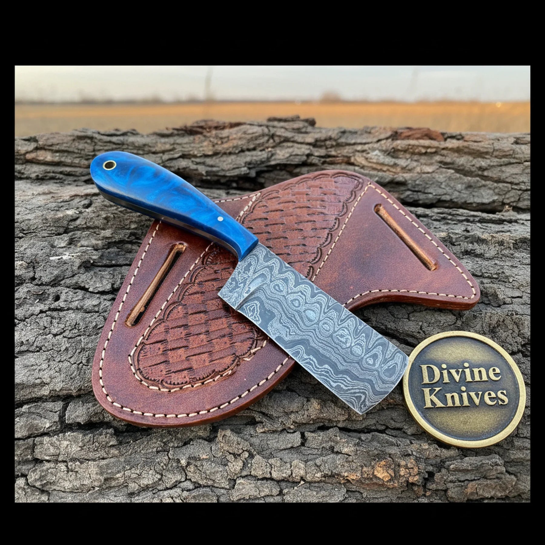 Western Crossdraw Knife Sheath with Cross & Sunflower Tooling – Handcrafted Leather Belt Carrier by Divine Knives
