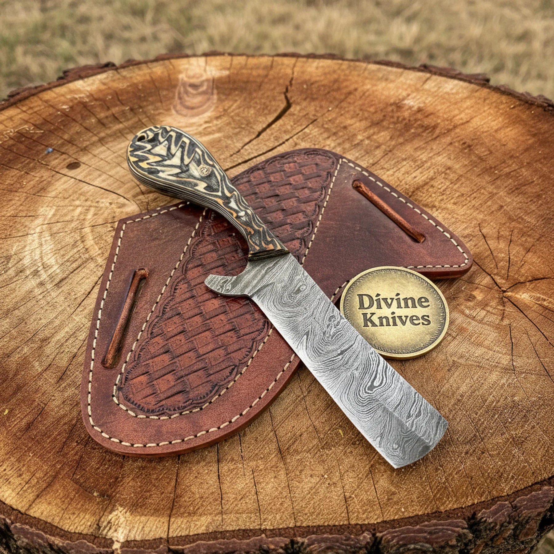 Cowboy Bull Cutter Knife with Turquoise Handle – Handcrafted Ranch Blade with Crossdraw Sheath by Divine Knives