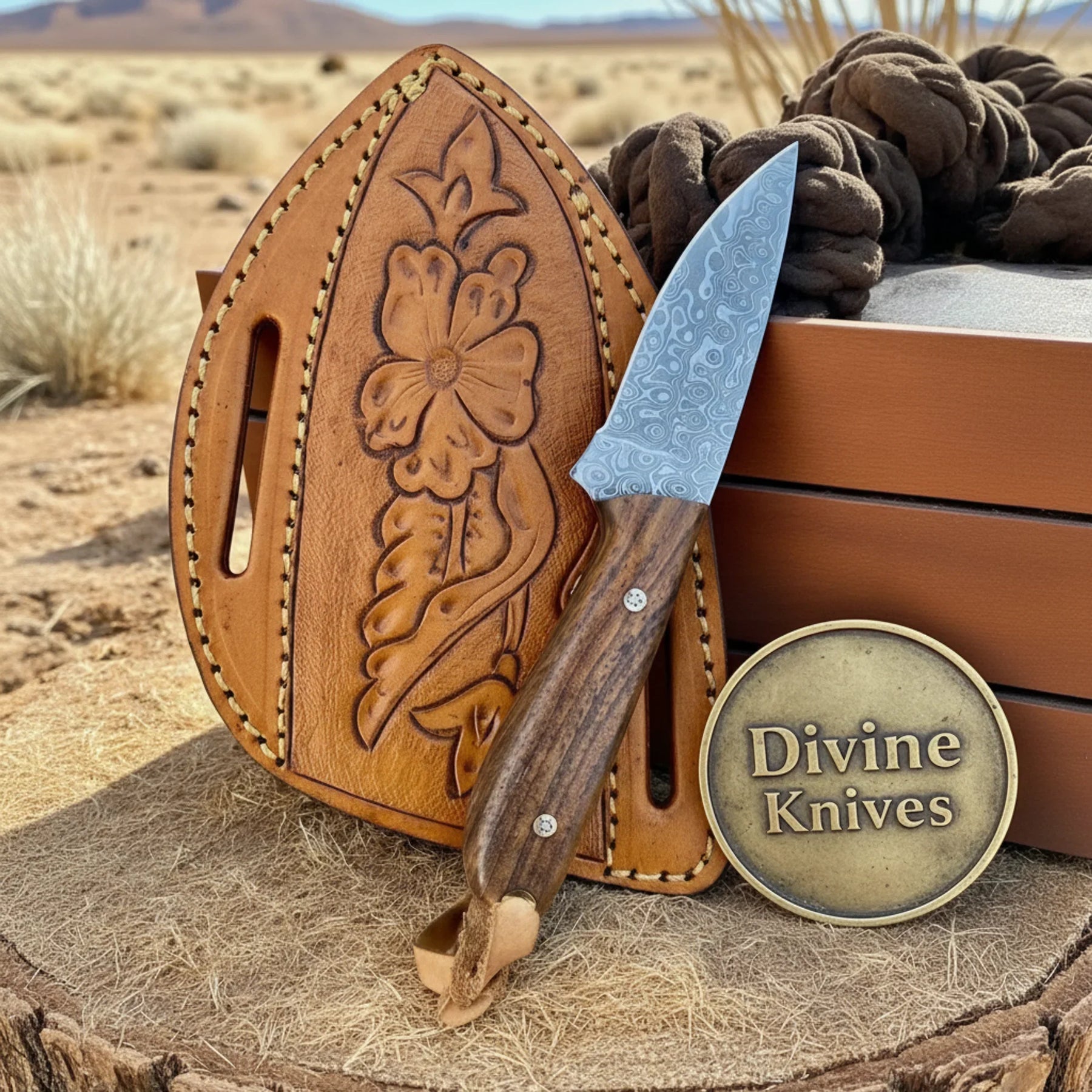 Blue Handle Damascus Bull Cutter Knife for Outdoor Use by Divine Knives
