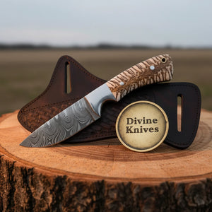 Marbled Handle Damascus Cowboy Knife with Crossdraw Sheath by Divine Knives