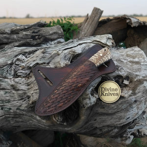 Marbled Handle Damascus Cowboy Knife with Crossdraw Sheath detail view by Divine Knives