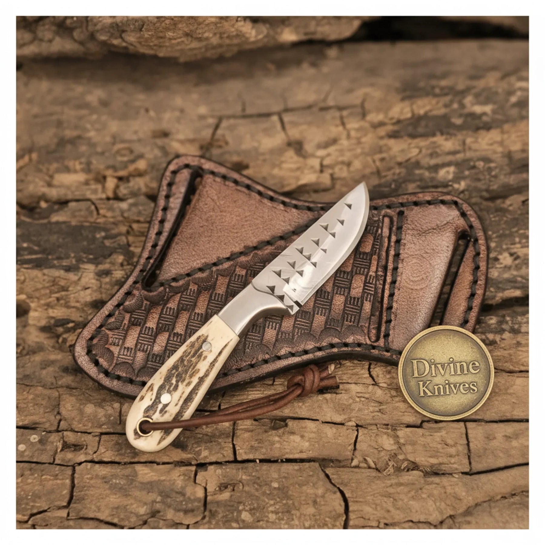 Stag Antler Damascus Bowie Knife with Belt Sheath – Handcrafted Hunting & Collector's Knife by Divine Knives