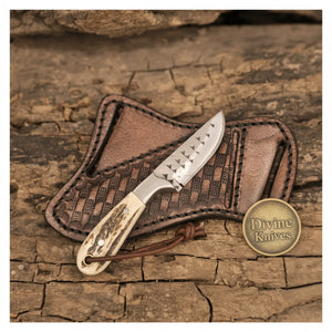 Stag Antler Damascus Bowie Knife with Belt Sheath – Handcrafted Hunting & Collector's Knife by Divine Knives