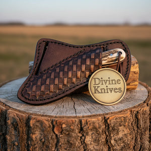 Stag Antler Damascus Bowie Knife with Belt Sheath – Handcrafted Hunting & Collector's Knife detail view by Divine Knives