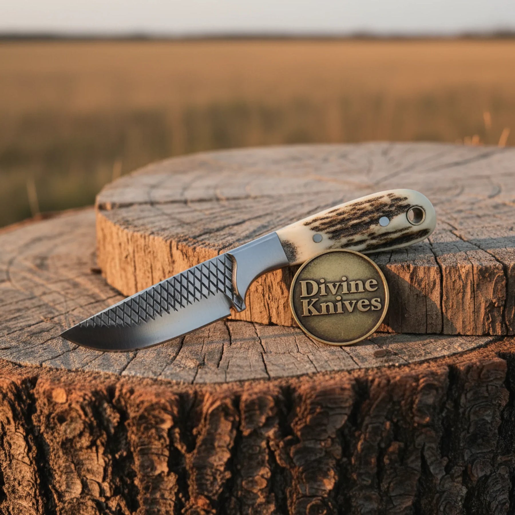 Stag Antler Damascus Bowie Knife with Belt Sheath – Handcrafted Hunting & Collector's Knife detail view by Divine Knives