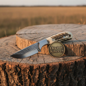 Stag Antler Damascus Bowie Knife with Belt Sheath – Handcrafted Hunting & Collector's Knife detail view by Divine Knives