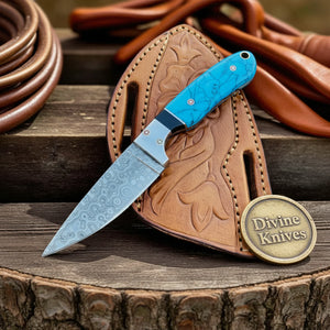 Walnut Handle Damascus EDC Knife with Tooled Leather Sheath by Divine Knives