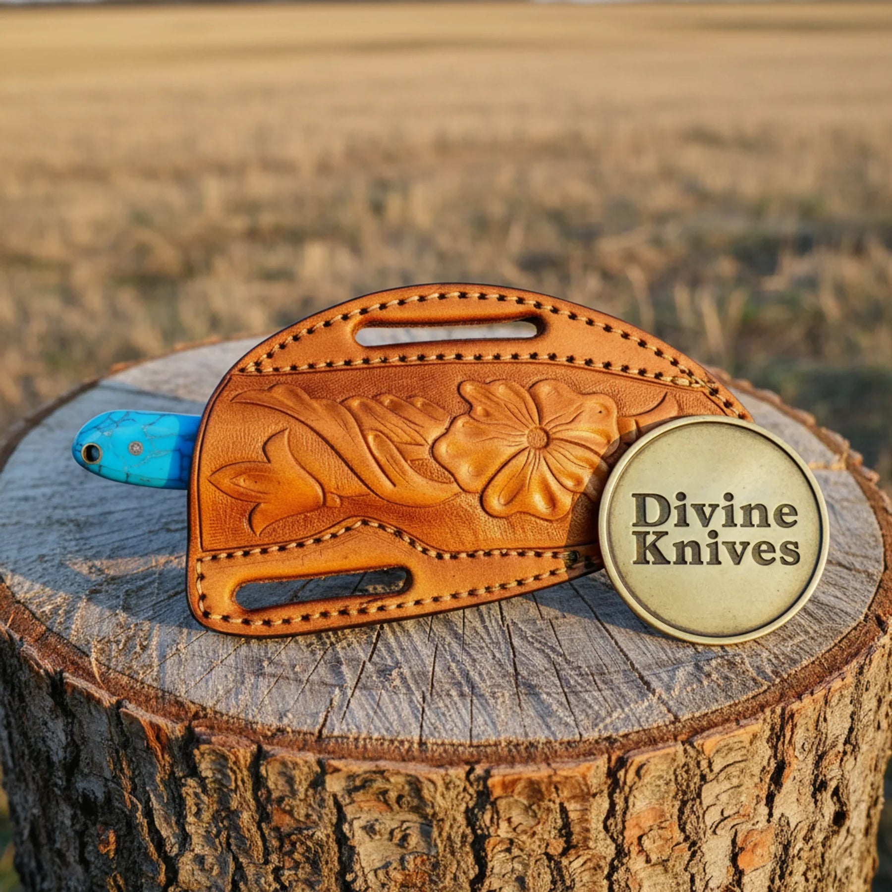 Walnut Handle Damascus EDC Knife with Tooled Leather Sheath detail view by Divine Knives