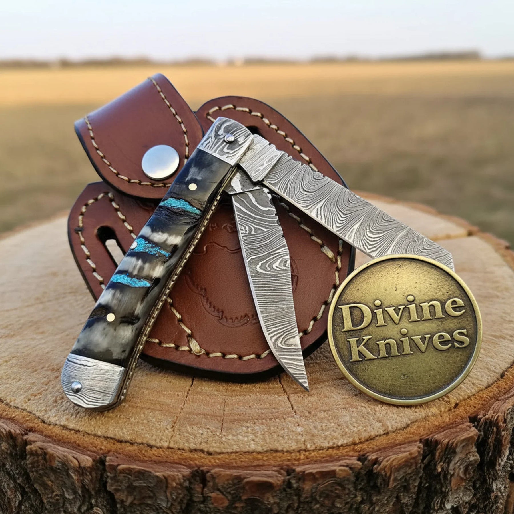 Two-Blade Damascus Trapper Knife with Ram Horn Handle – Handcrafted Everyday Carry (3–4 Inch Blades) by Divine Knives
