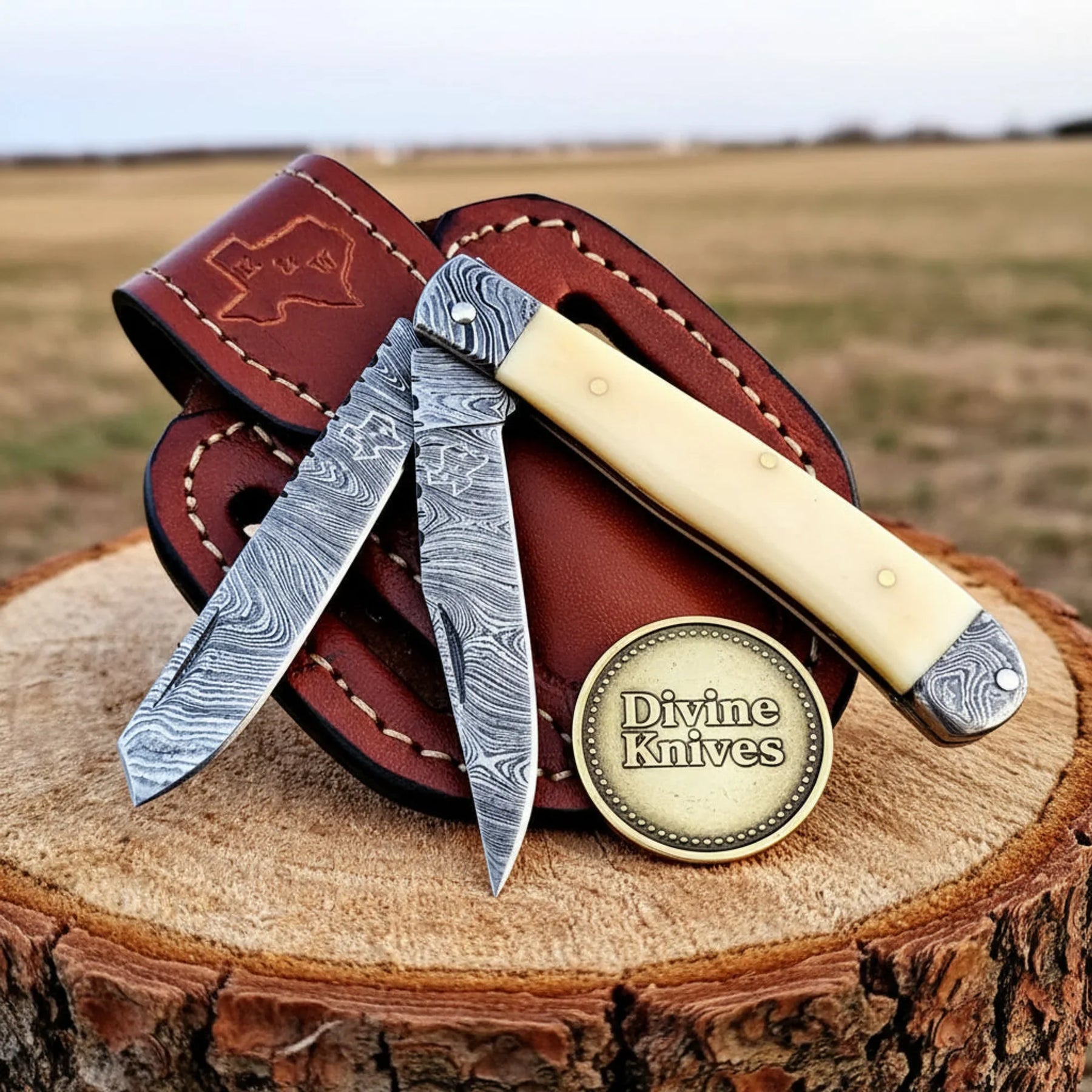 Twin Blade Camel Bone Trapper Knife Built for Anglers and Collectors by Divine Knives