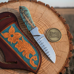 Turquoise Handle EDC Knife with Damascus Blade – Handcrafted Southwestern Pocket Skinner with Sheath by Divine Knives