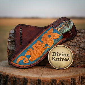 Turquoise Handle EDC Knife with Damascus Blade – Handcrafted Southwestern Pocket Skinner with Sheath detail view by Divine