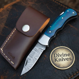 Blue Pakka Wood Handle Damascus Trapper Knife for Everyday Carry by Divine Knives