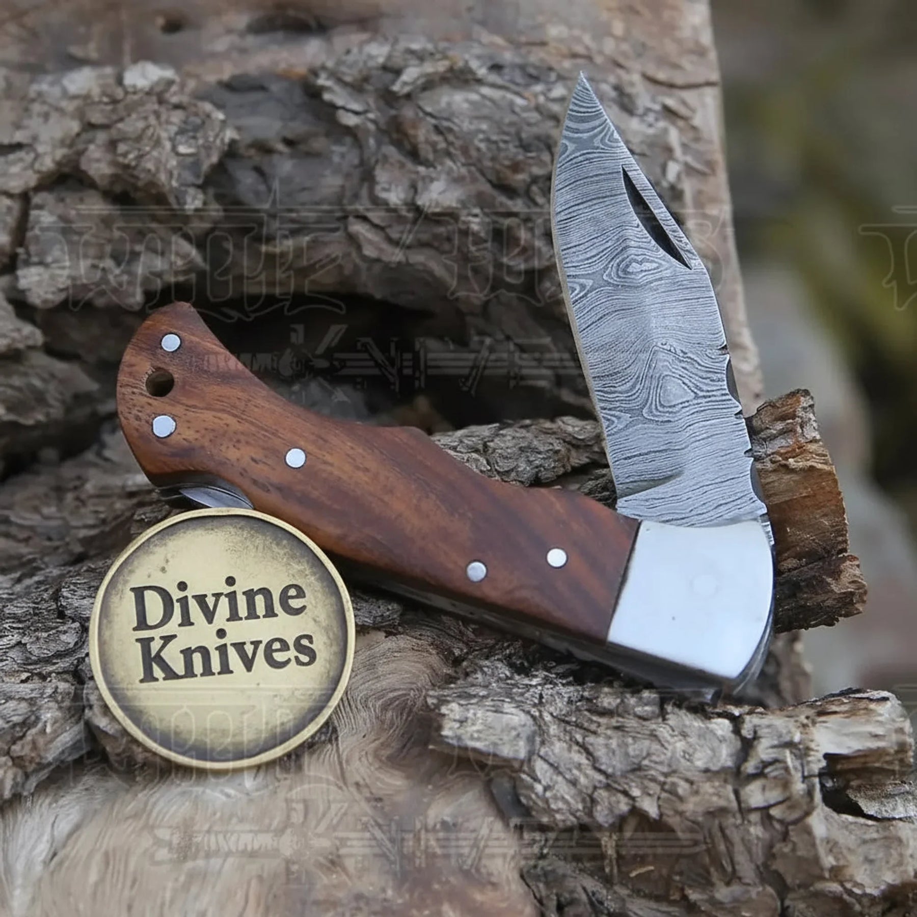 Rosewood Handle Damascus Clip Point Knife for Precision Everyday Cutting detail view by Divine Knives