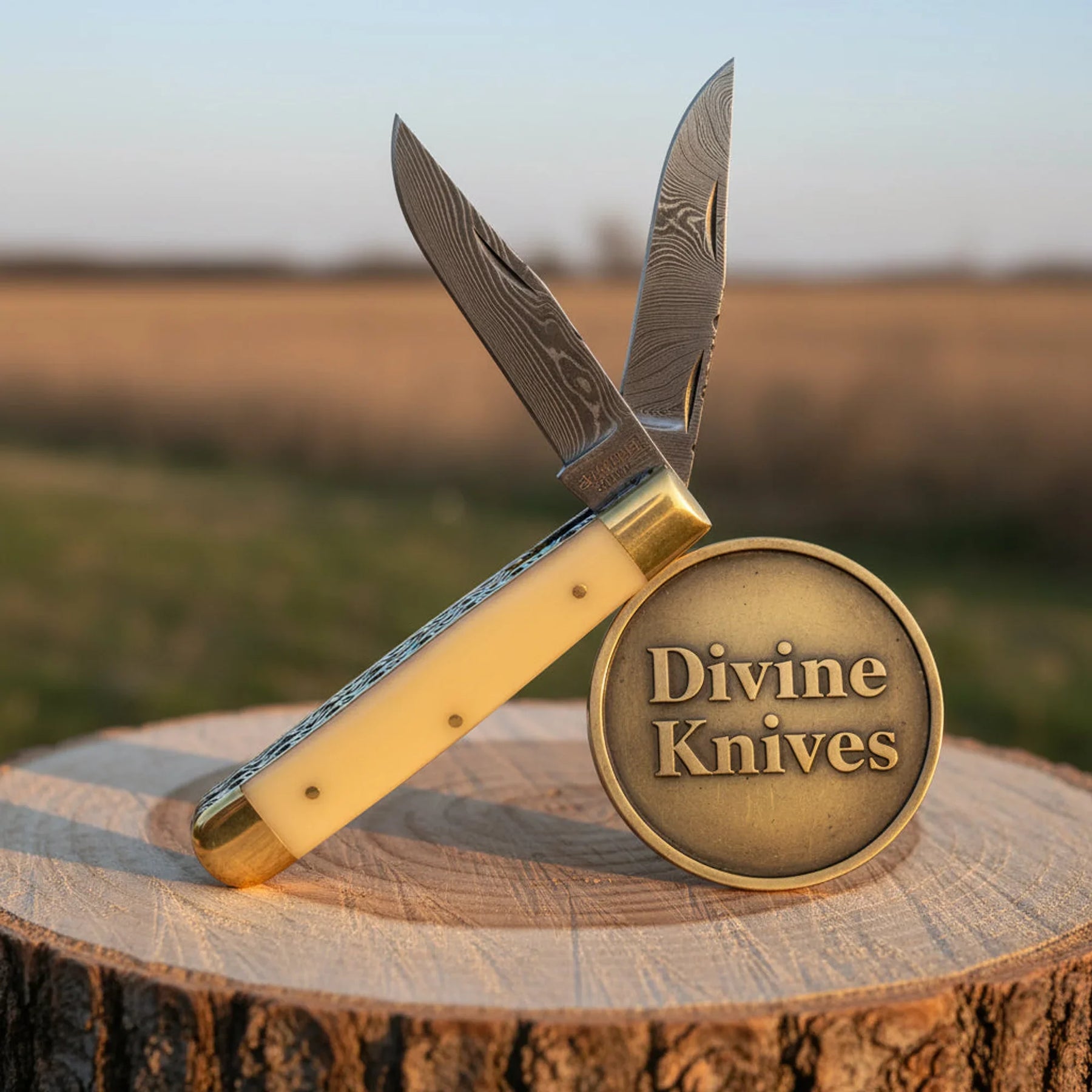 Classic Double Blade Damascus Trapper Knife with Jigged Bone Grip by Divine Knives