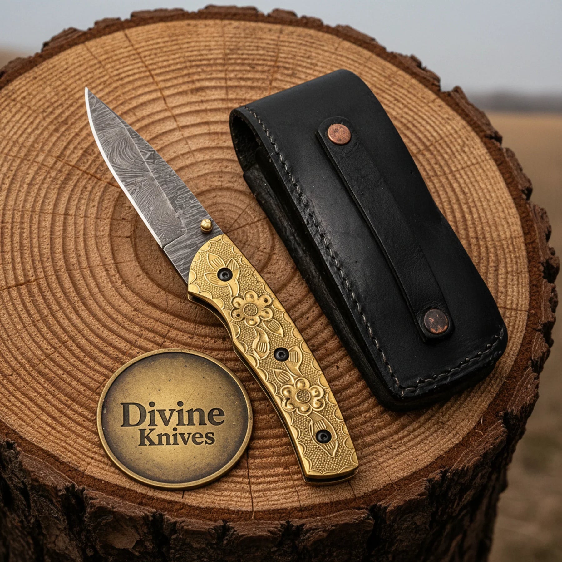 Hand Engraved Brass Handle Damascus Folding Knife for Collectors by Divine Knives