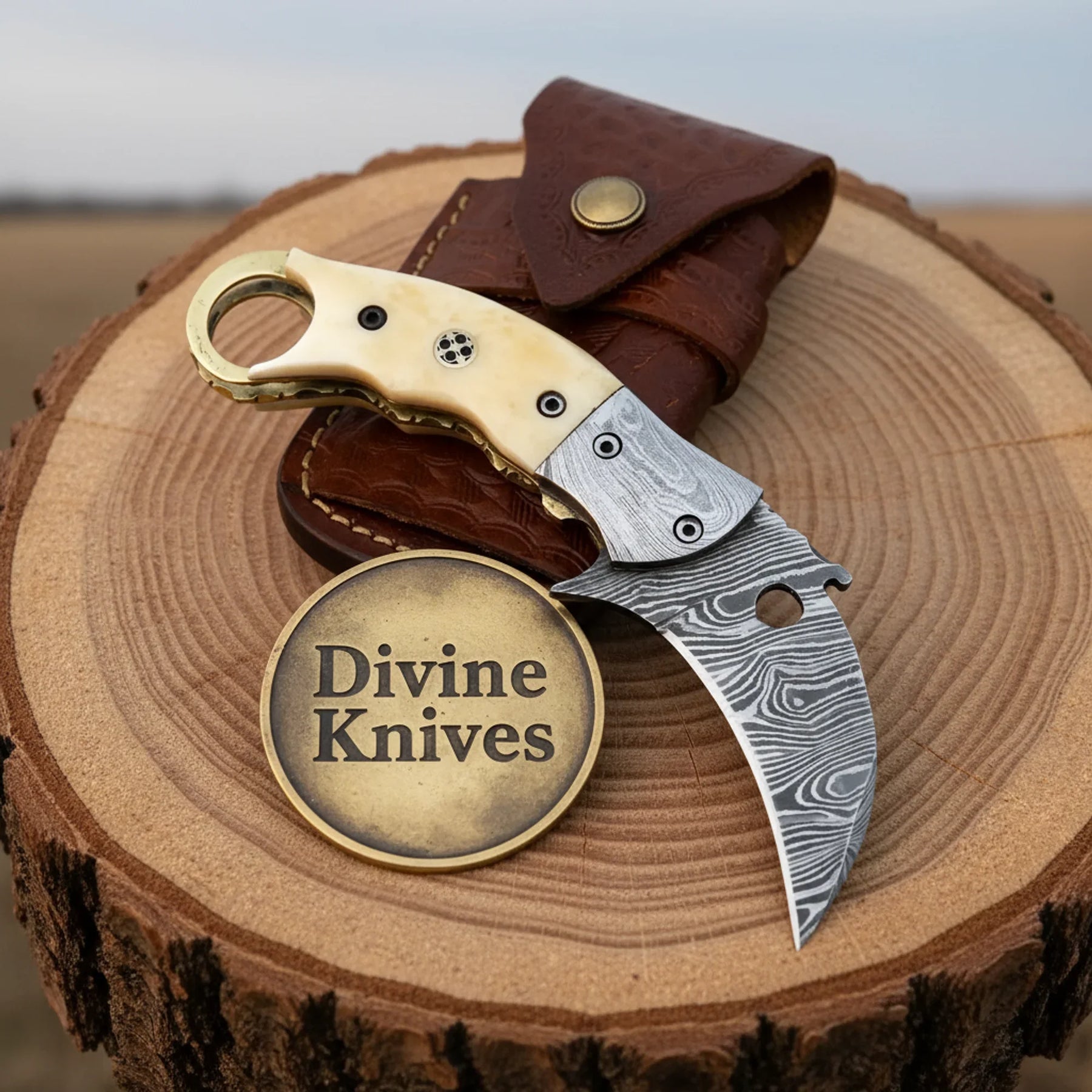 Curved Blade Damascus Folder with Smooth Bone Handle and Linear Lock by Divine Knives