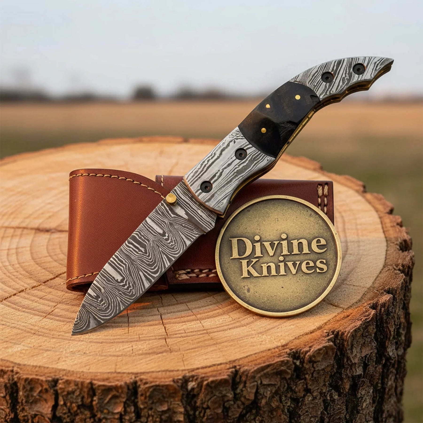 Ram Horn Handle Damascus Folding Knife with Linear Lock by Divine Knives