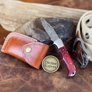 Red and Black Pakka Wood Damascus Folding Knife for Outdoor Use by Divine Knives
