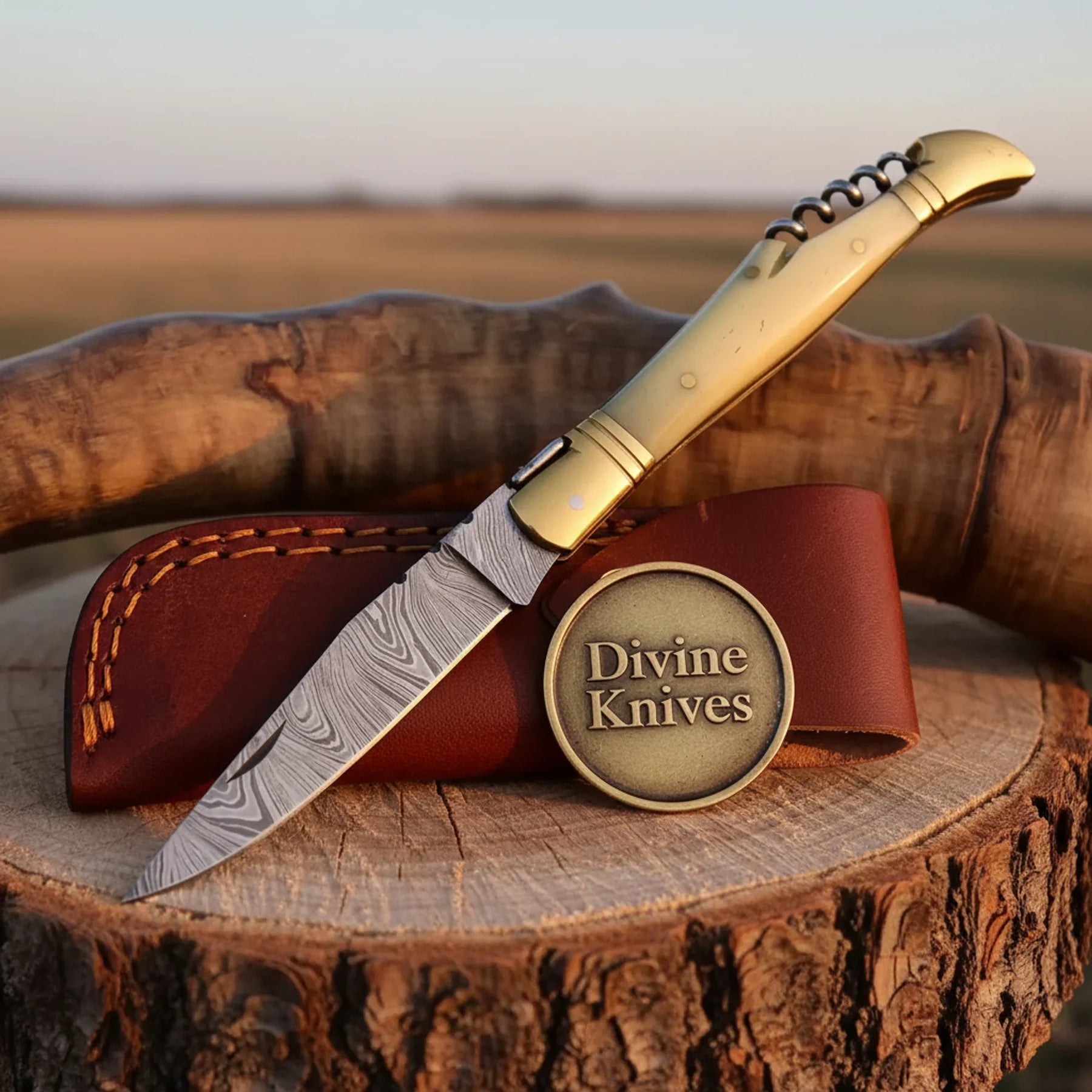 Laguiole Style Damascus Folding Knife with Brass Bolster and Corkscrew Tool by Divine Knives