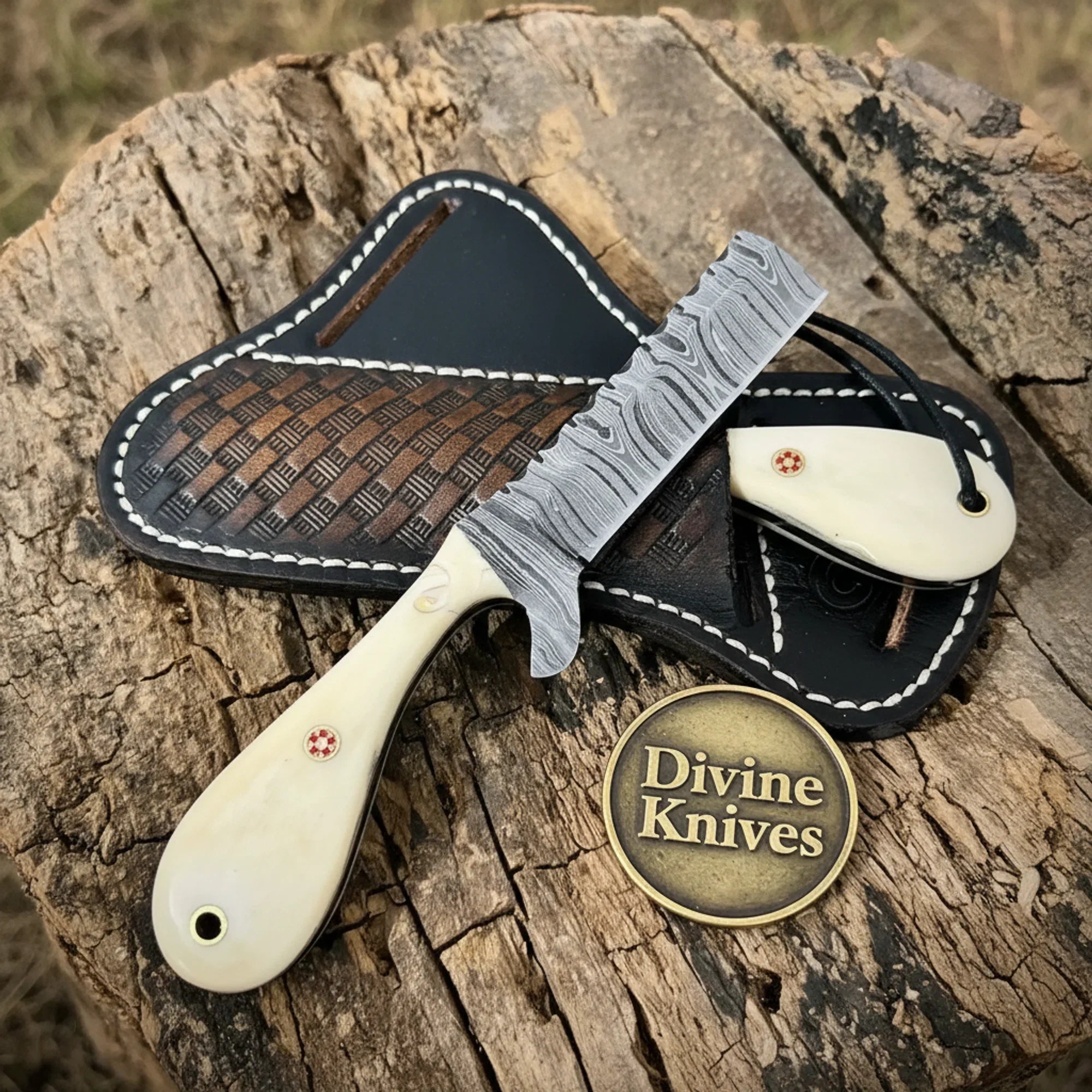 Ram Horn Damascus Skinning Knife with Crossdraw Sheath by Divine Knives
