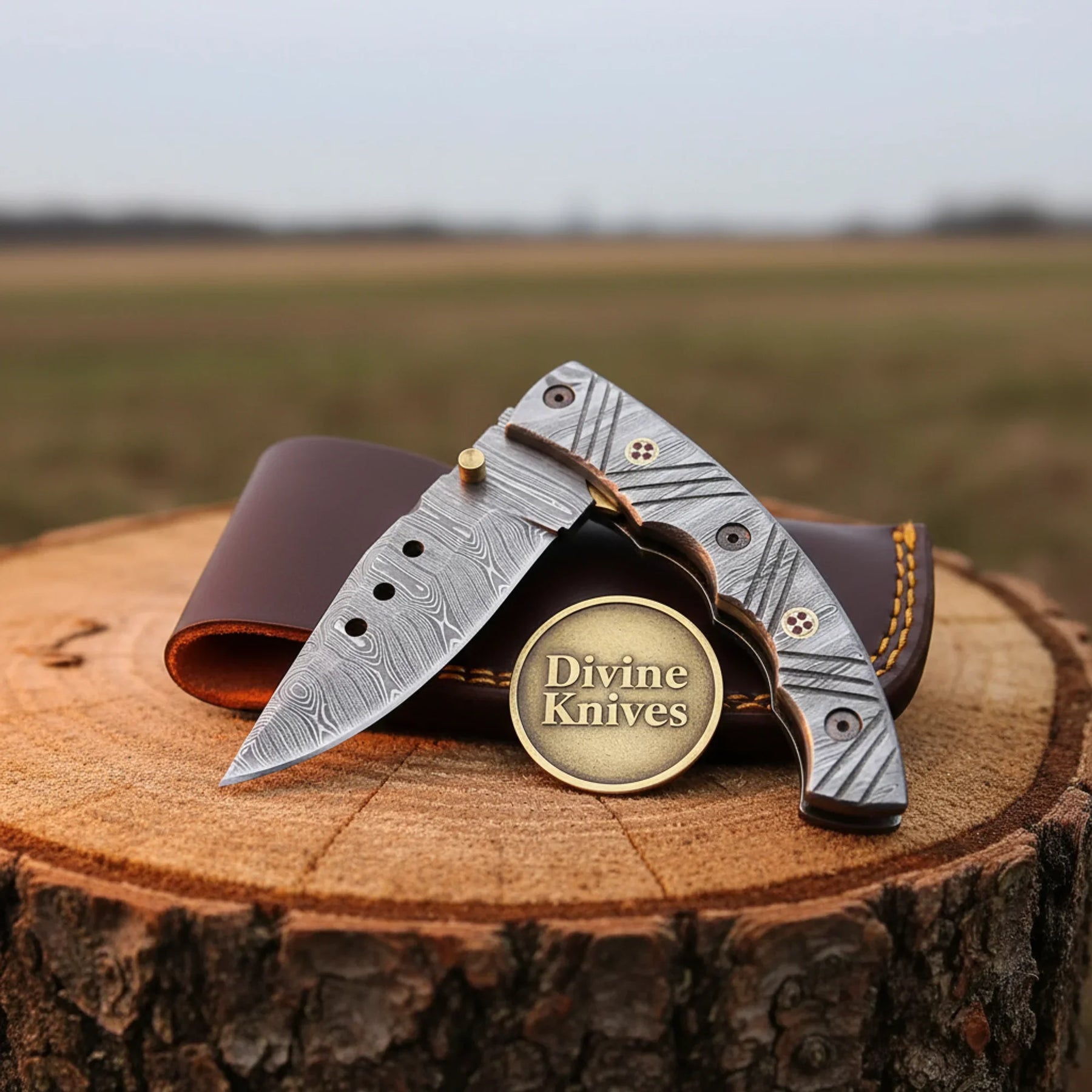 Damascus Linear Lock Folding Knife with Solid Damascus Steel Handle by Divine Knives
