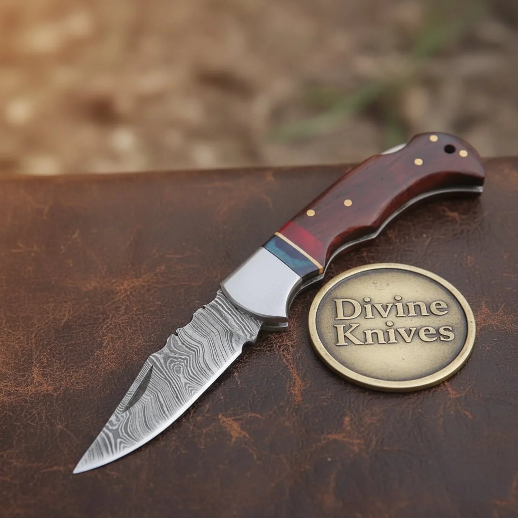 Damascus Steel Folding Knife with Rosewood and Multi Color Pakka Wood Handle by Divine Knives