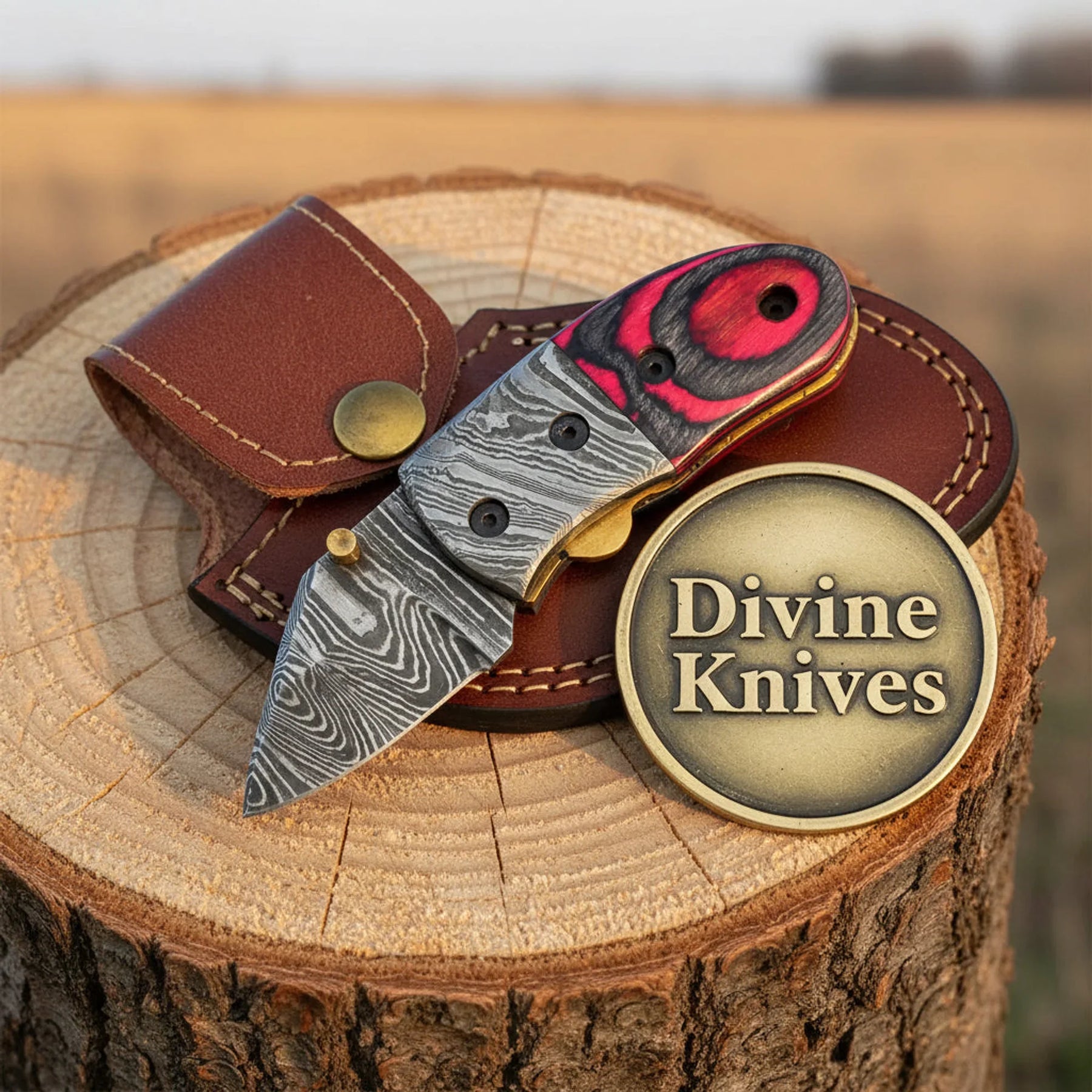 Compact Damascus Pocket Knife with Pink and Black Pakka Wood Handle by Divine Knives