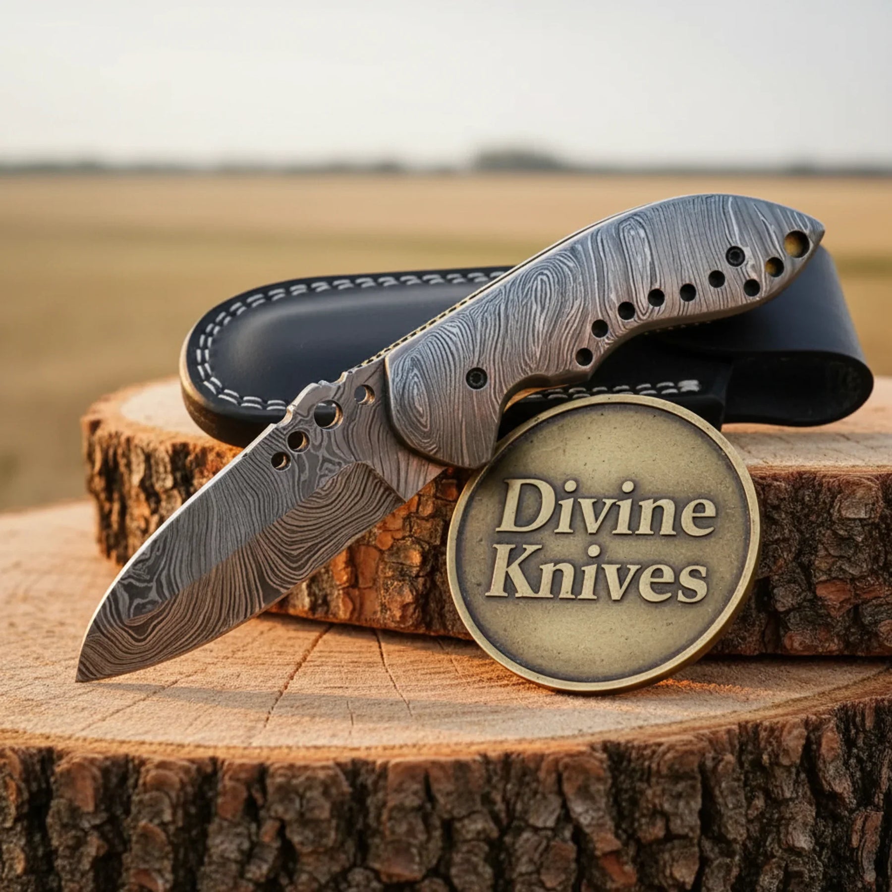 Skeletonized Full Damascus Steel Folding Knife with Lightweight Handle by Divine Knives