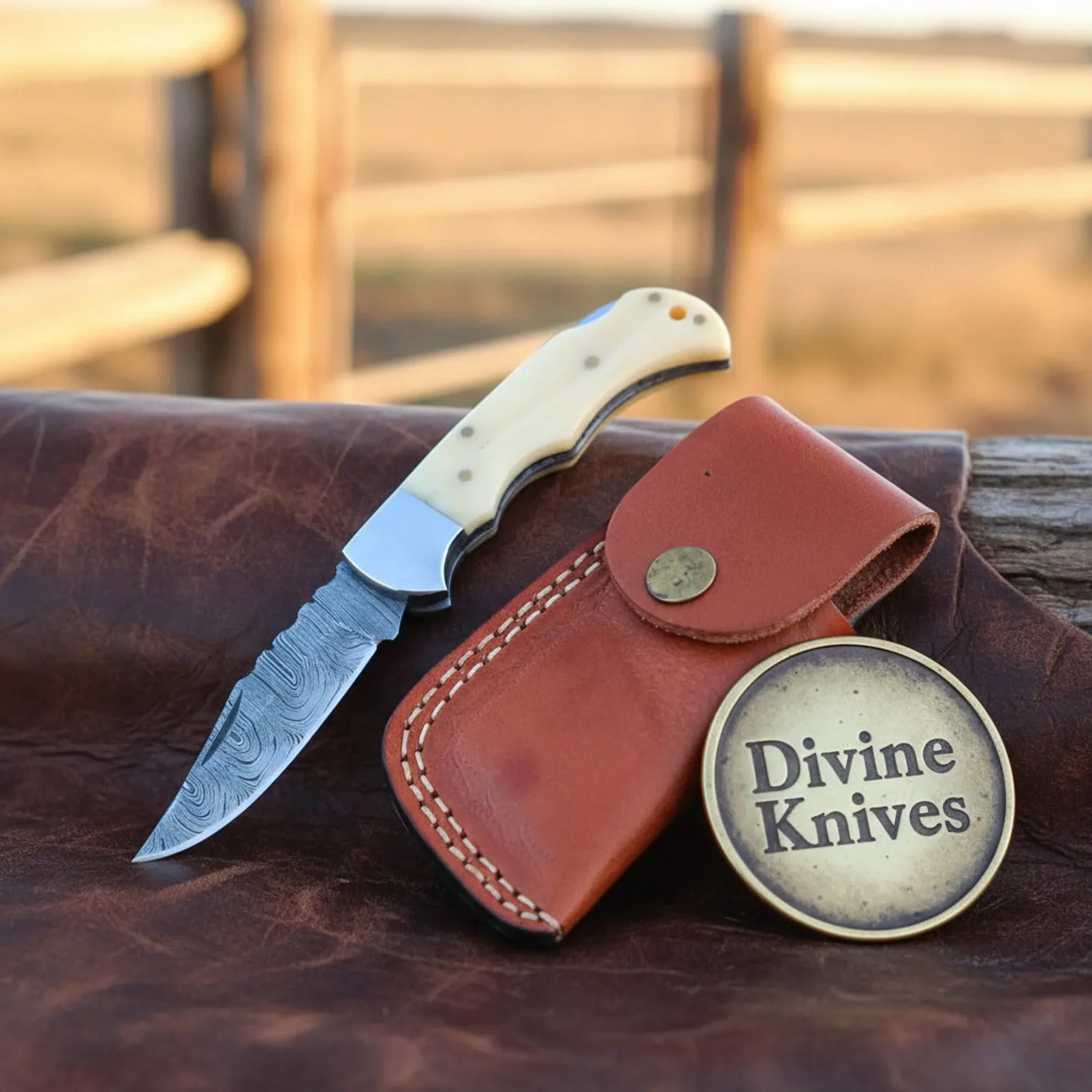 Damascus Skinner Knife with Camel Bone Handle and Leather Sheath by Divine Knives