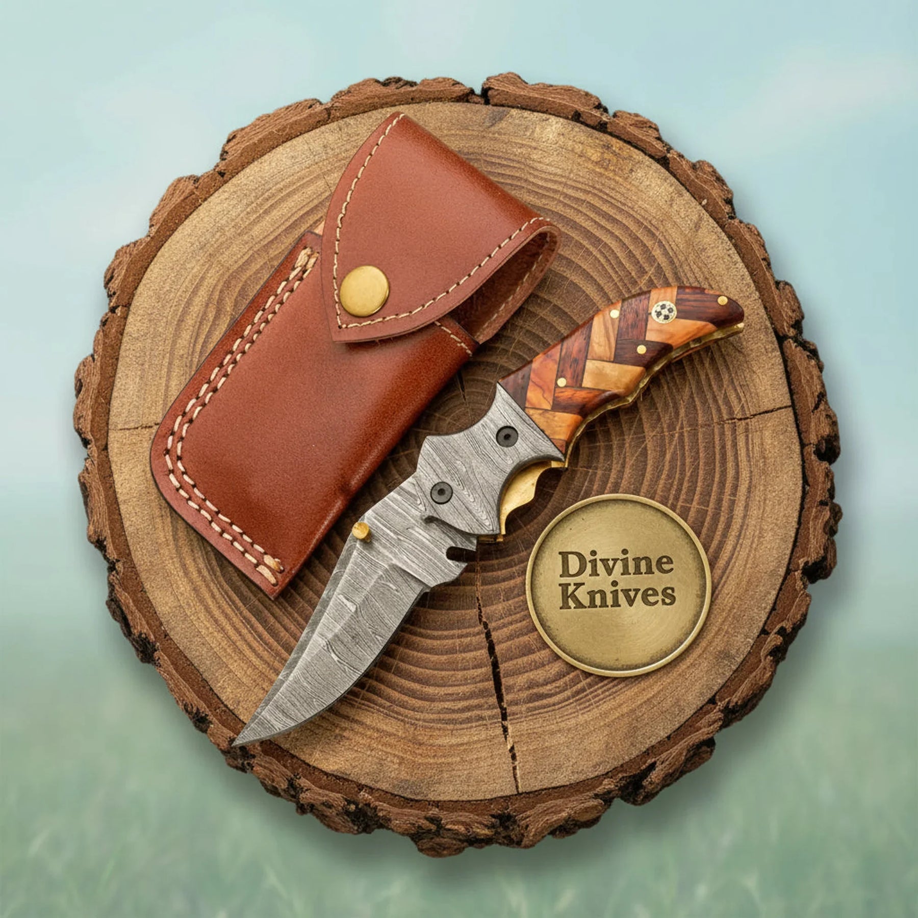 Damascus Linear Lock Folding Knife with Olive Wood Handle and Leather Pouch by Divine Knives
