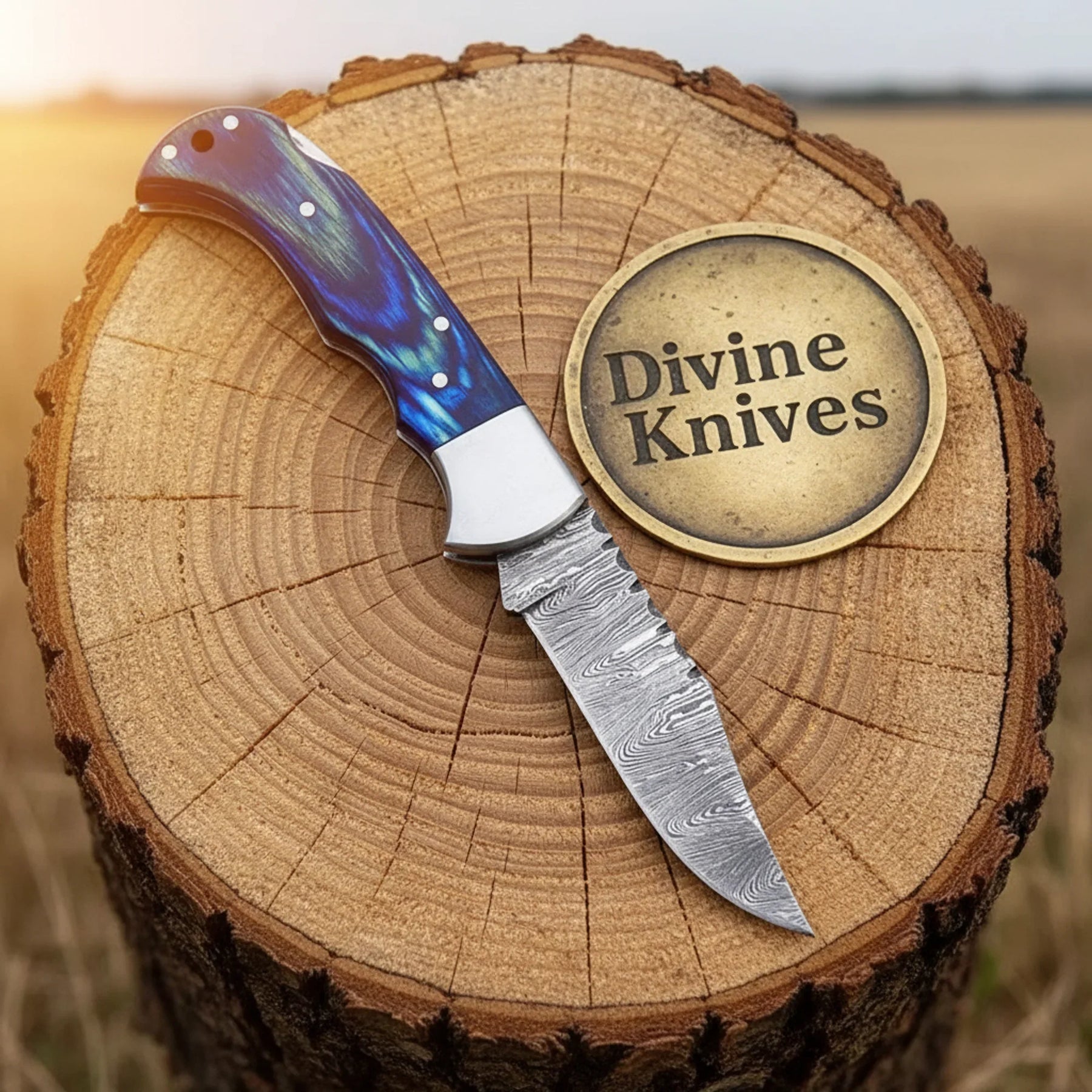 Damascus Drop Point Knife with Blue Pakka Wood Handle and Steel Bolsters by Divine Knives