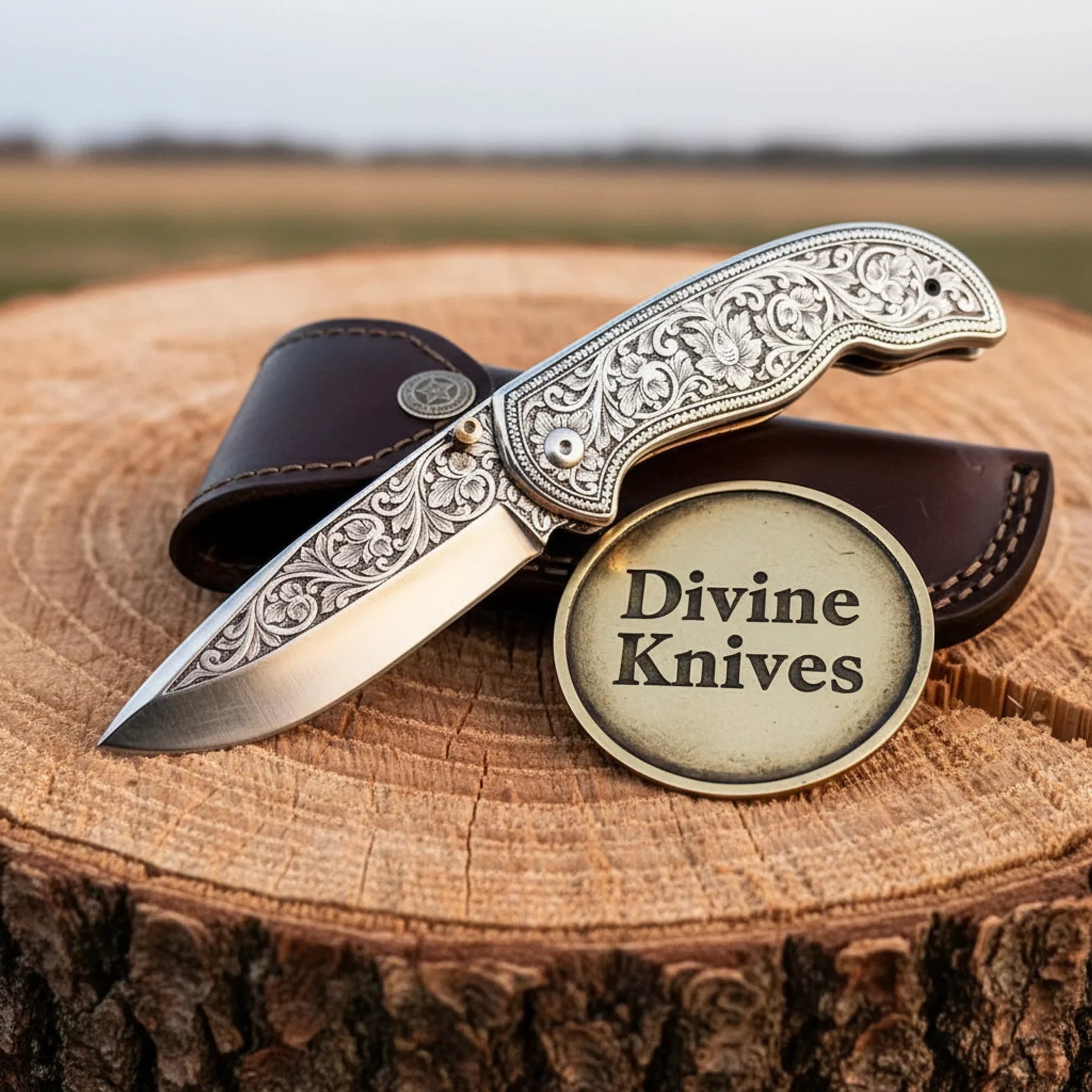 Hand Engraved Folding Knife with Carbon Steel Blade and Silver Handle by Divine Knives