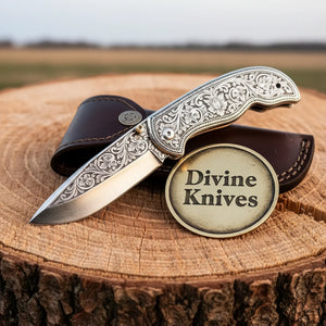Hand Engraved Folding Knife with Carbon Steel Blade and Silver Handle by Divine Knives