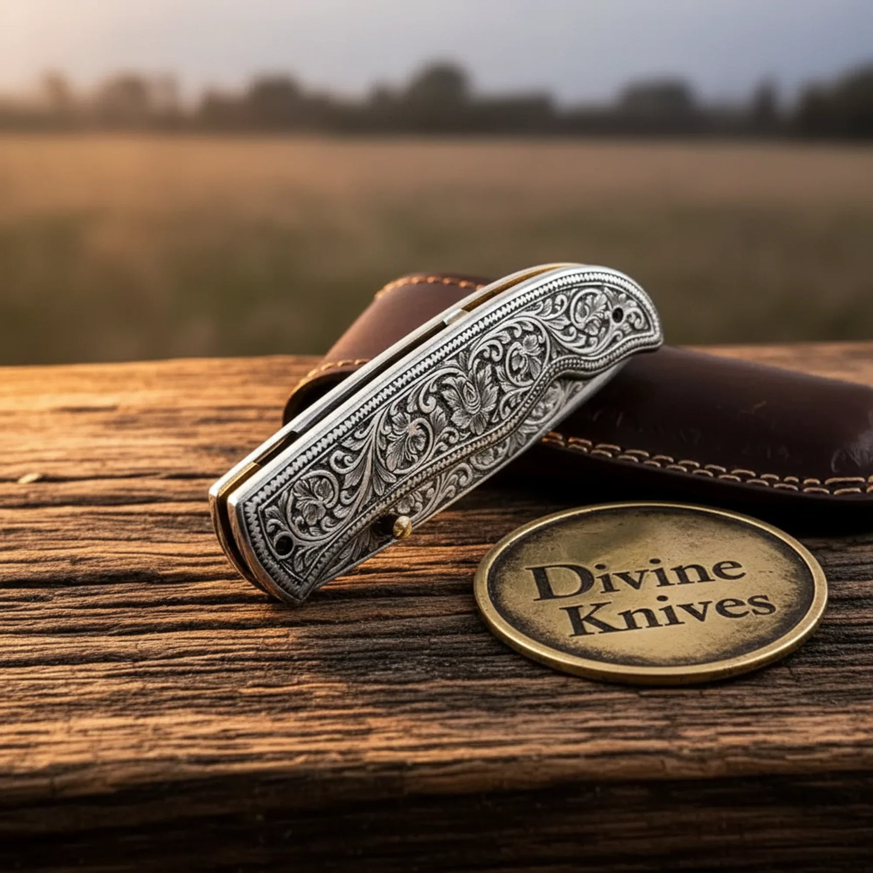 Hand Engraved Folding Knife with Carbon Steel Blade and Silver Handle detail view by Divine Knives