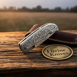 Hand Engraved Folding Knife with Carbon Steel Blade and Silver Handle detail view by Divine Knives
